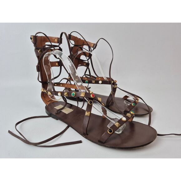 Valentino Garavani Womens Brown Rolling Rockstud Gladiator Sandal Flat Size 37.5 - Picture 1 of 6